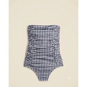 J Crew Ruched Tie One Piece Swimsuit Gingham Navy White Size 12